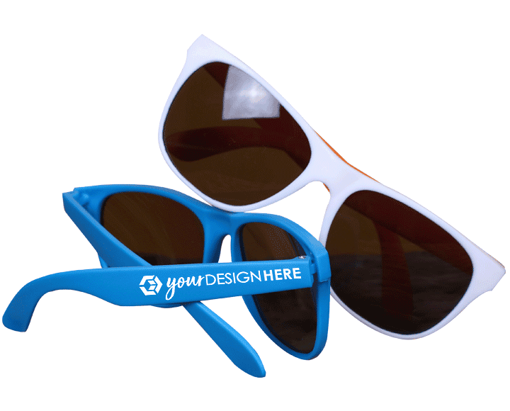 Blue custom sunglasses with white imprint and white and orange personalized sunglasses