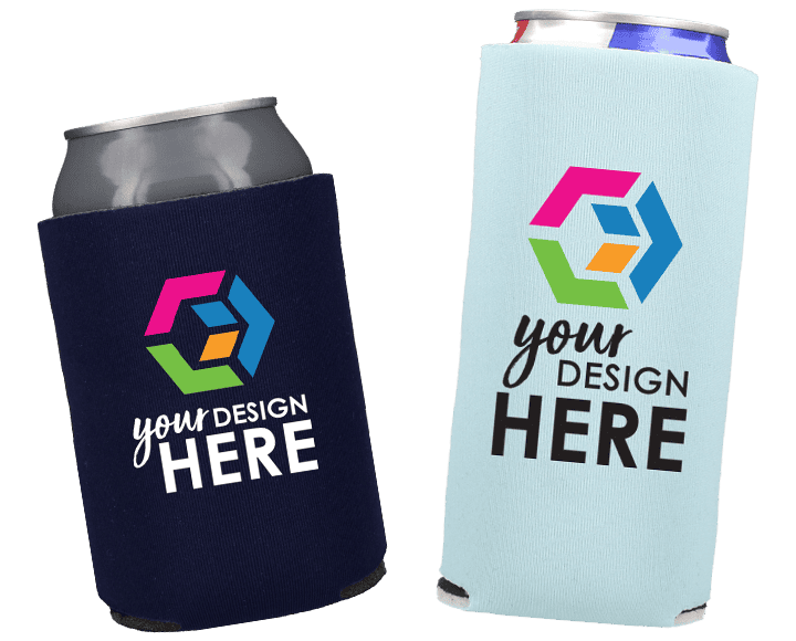 Dark blue can cooler with full-color imprint and light blue slim can cooler with full-color imprint