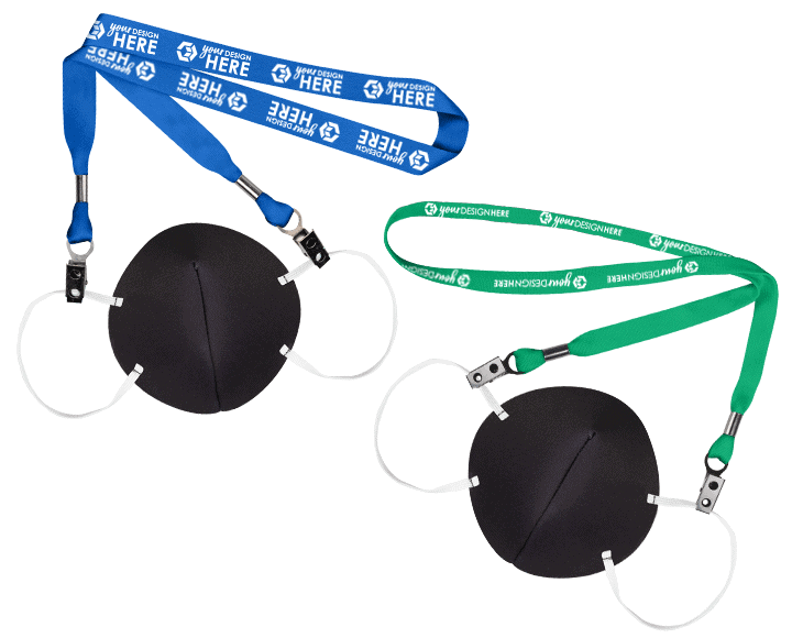 Blue face mask lanyard with white imprint and green face mask lanyard with white imprint