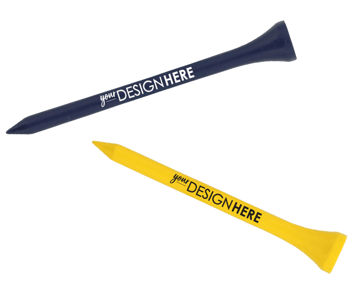 blue golf tee with white imprint and yellow golf tee with blue imprint