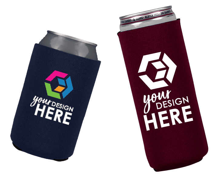 Red slim can neoprene can cooler with white imprint and light blue standard neoprene can cooler with blue imprint