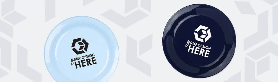 Navy blue frisbees with logo in white