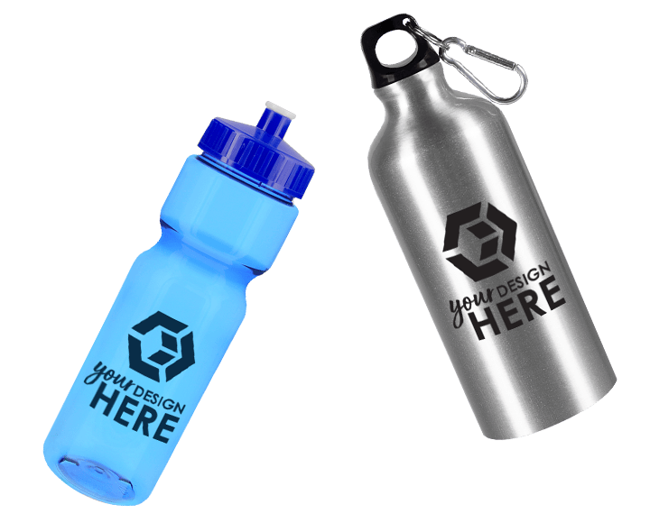 blue plastic custom water bottles with navy blue imprint and silver promotional water bottles with logo in white