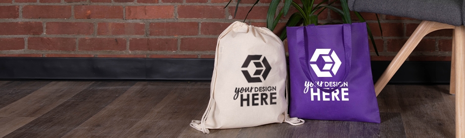 Natural drawstring bag with black imprint and most popular totes purple tote bag with white imprint