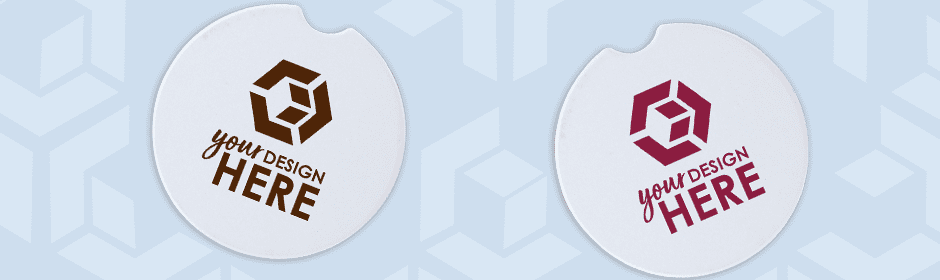 White personalized car coasters with maroon imprint