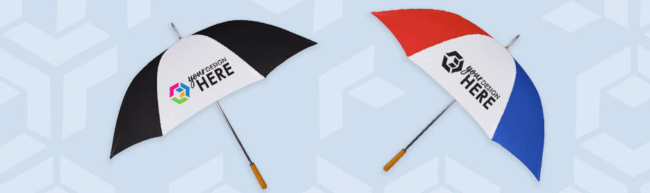White and blue custom golf umbrellas with black imprint
