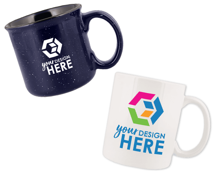 cobalt blue ceramic mug with white imprint and green ceramic mug with white imprint