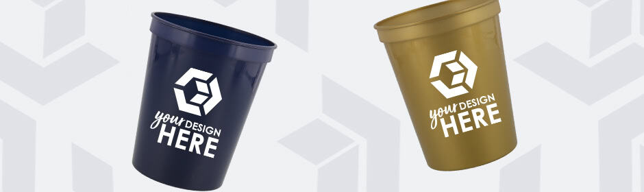 Blue stadium cup with white imprint and translucent stadium cup with blue imprint