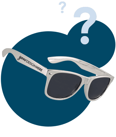 Black promotional sunglasses with white imprint