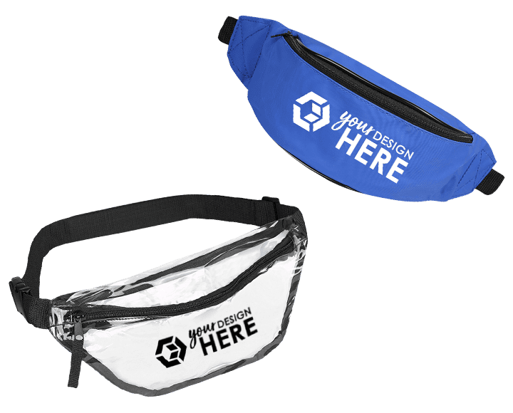 Black fanny pack with white imprint and clear fanny pack with black imprint