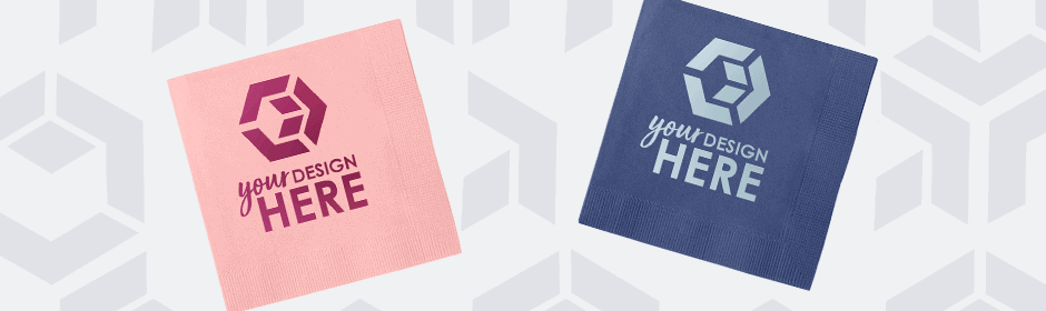 Two pink napkins with purple foil stamp imprint