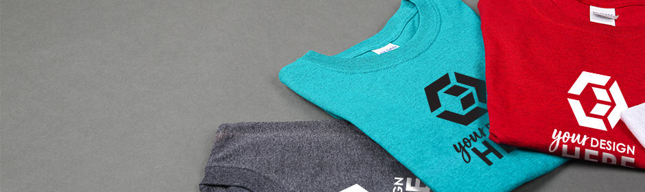 Gray shirt with white imprint, blue shirt with black imprint and red shirt with white imprint