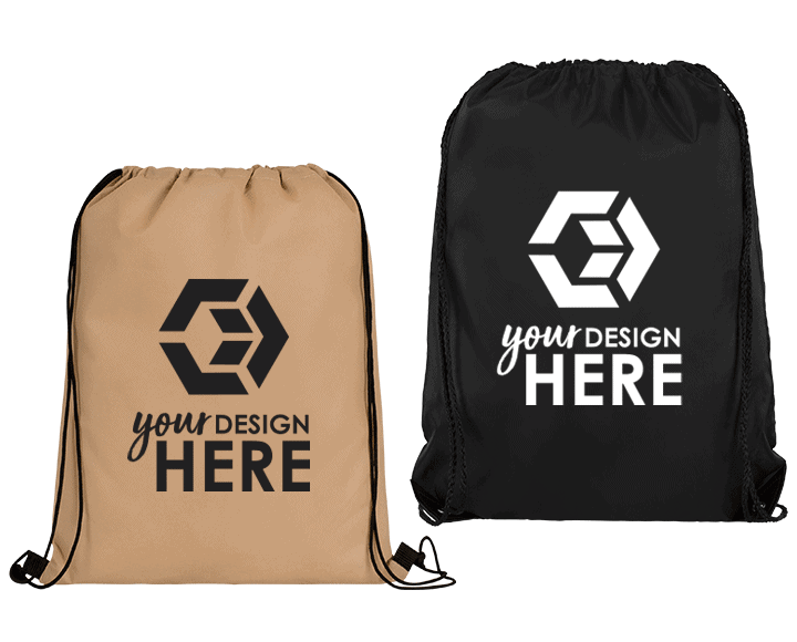 Brown drawstring bag with black imprint and black drawstring bag with white imprint