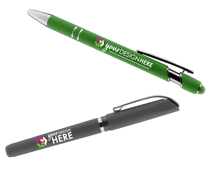 Black pen with full-color logo and purple pen with full-color logo