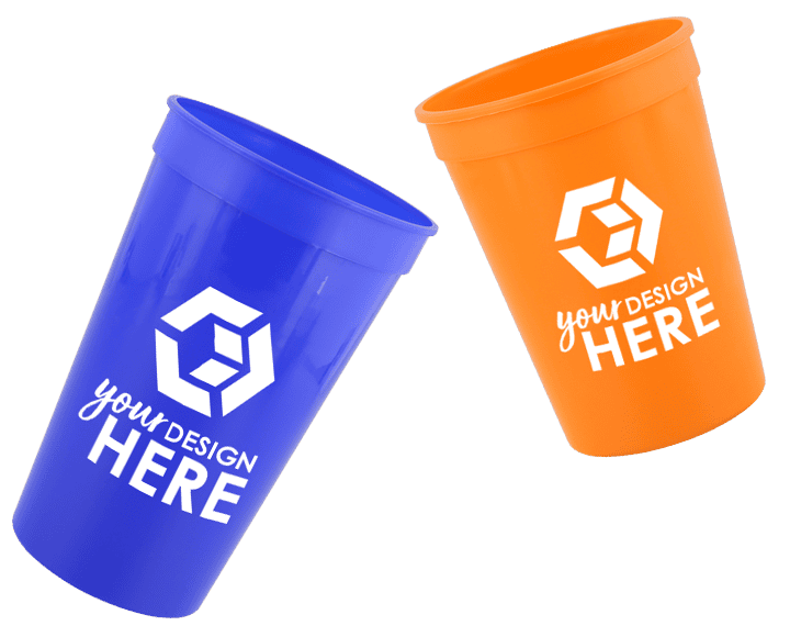 Blue stadium cup with white imprint and translucent stadium cup with blue imprint